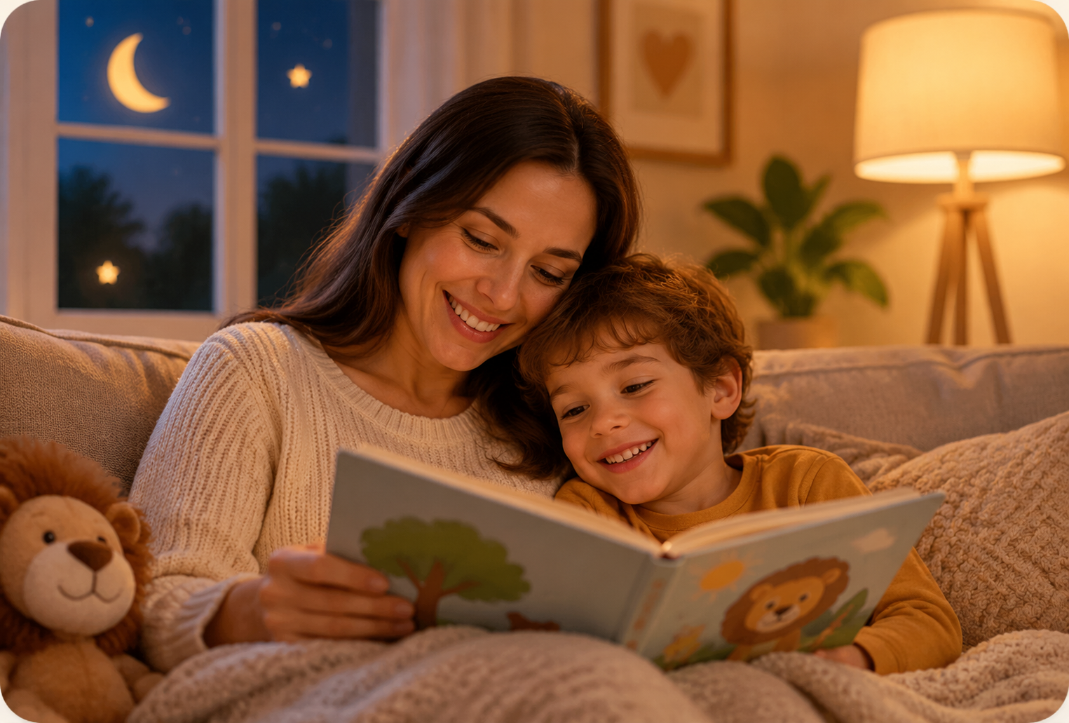 Uma mãe e uma criança lendo uma história juntos antes de dormir